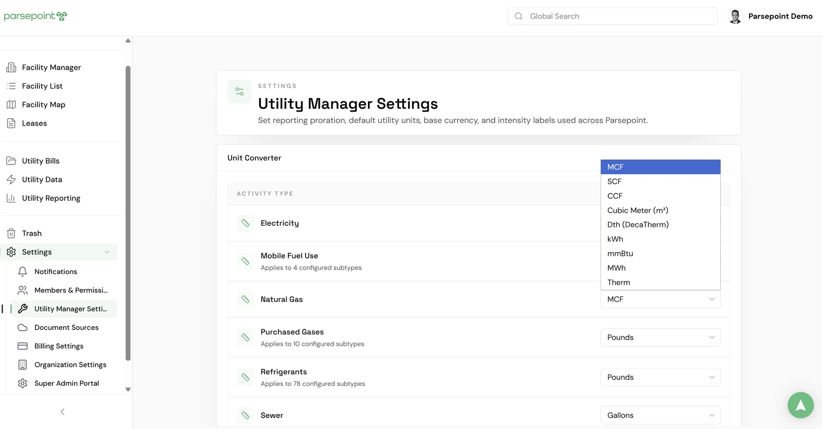 Utility Manager settings configuring units of measure per activity type