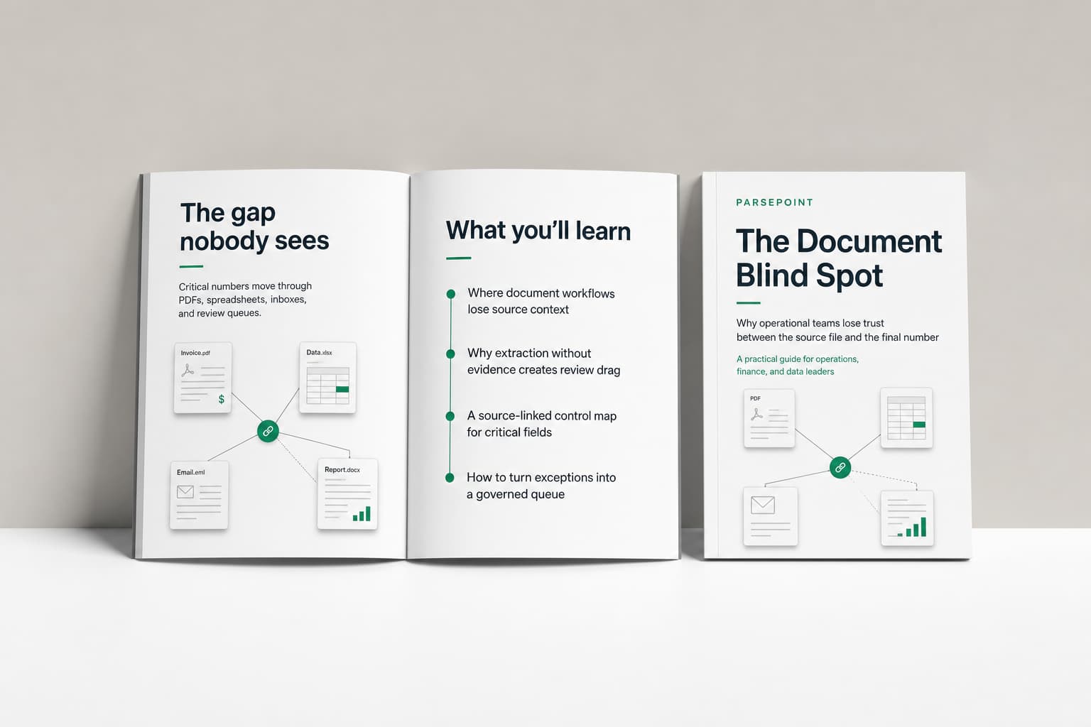 The Document Blind Spot ebook shown beside an open spread about source-linked document workflows