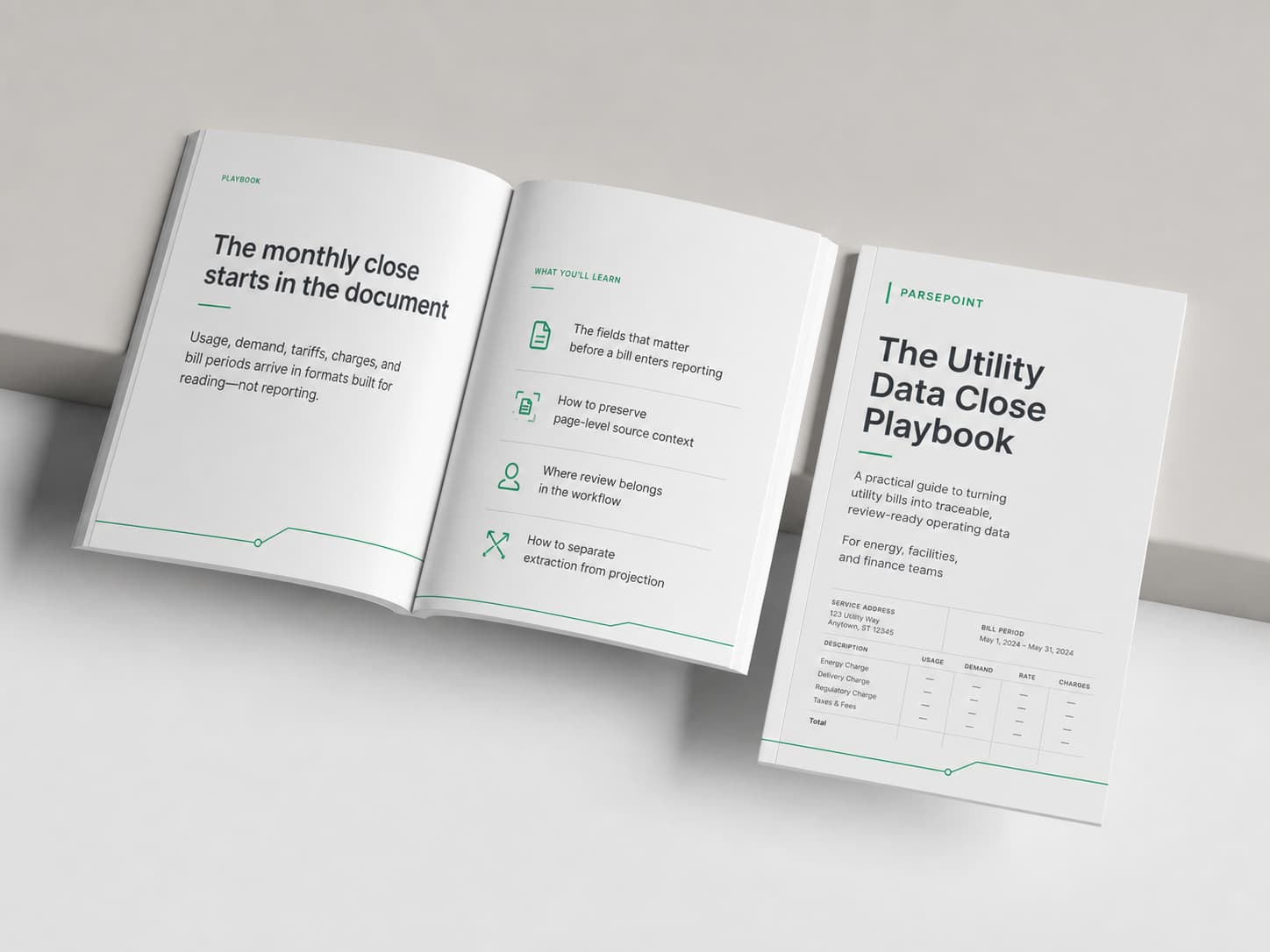 The Utility Data Close Playbook ebook shown beside an open utility workflow spread