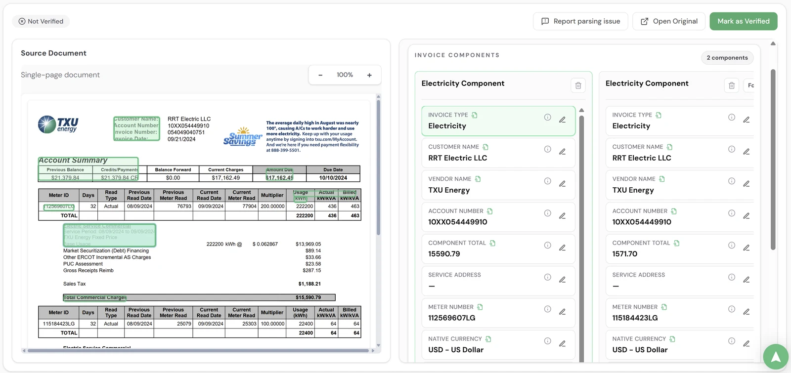 Parsepoint field identification showing source document with highlighted extracted fields and parsed data panel