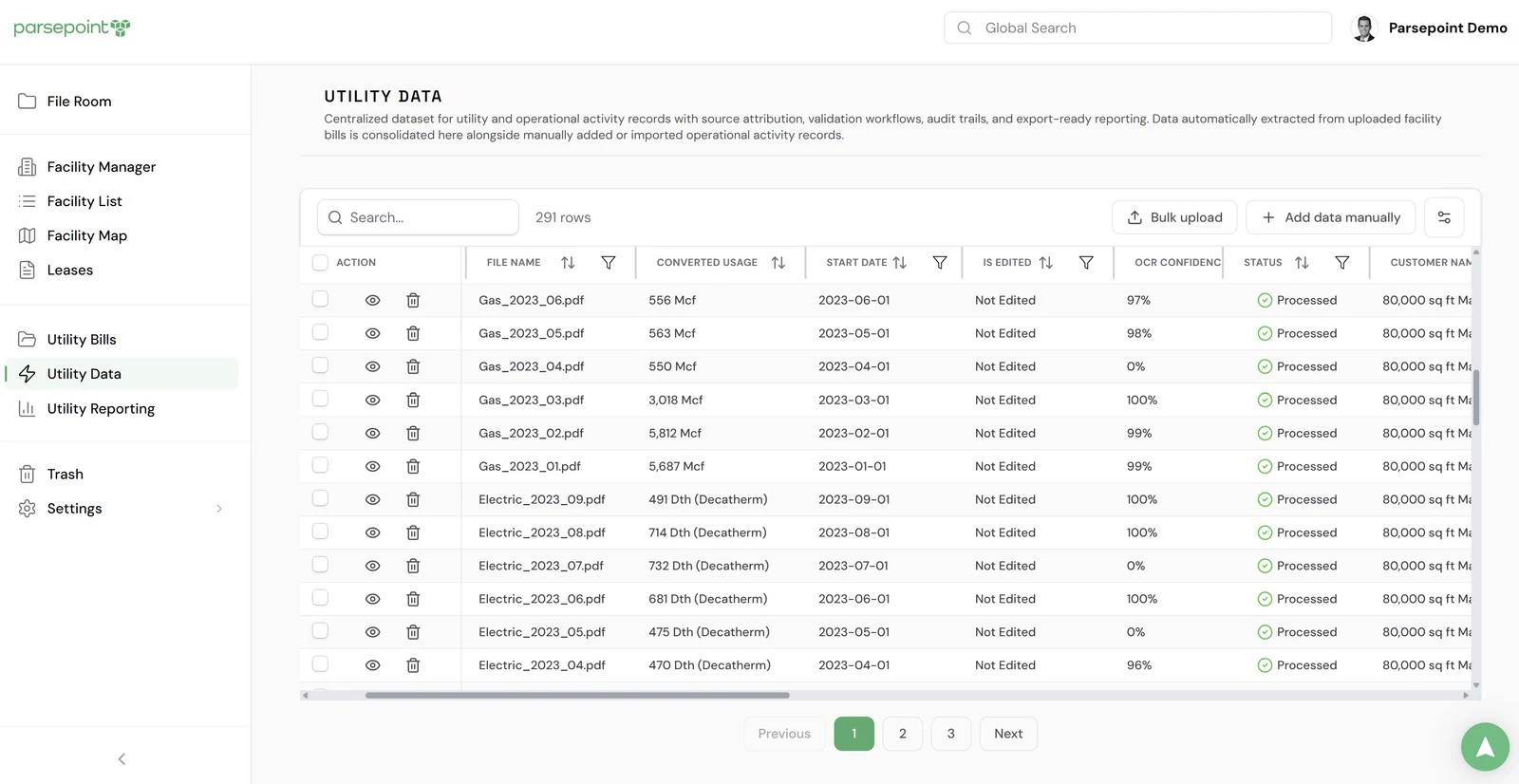 Parsepoint data validation dashboard showing document verification status, OCR confidence scores, and filterable audit trails